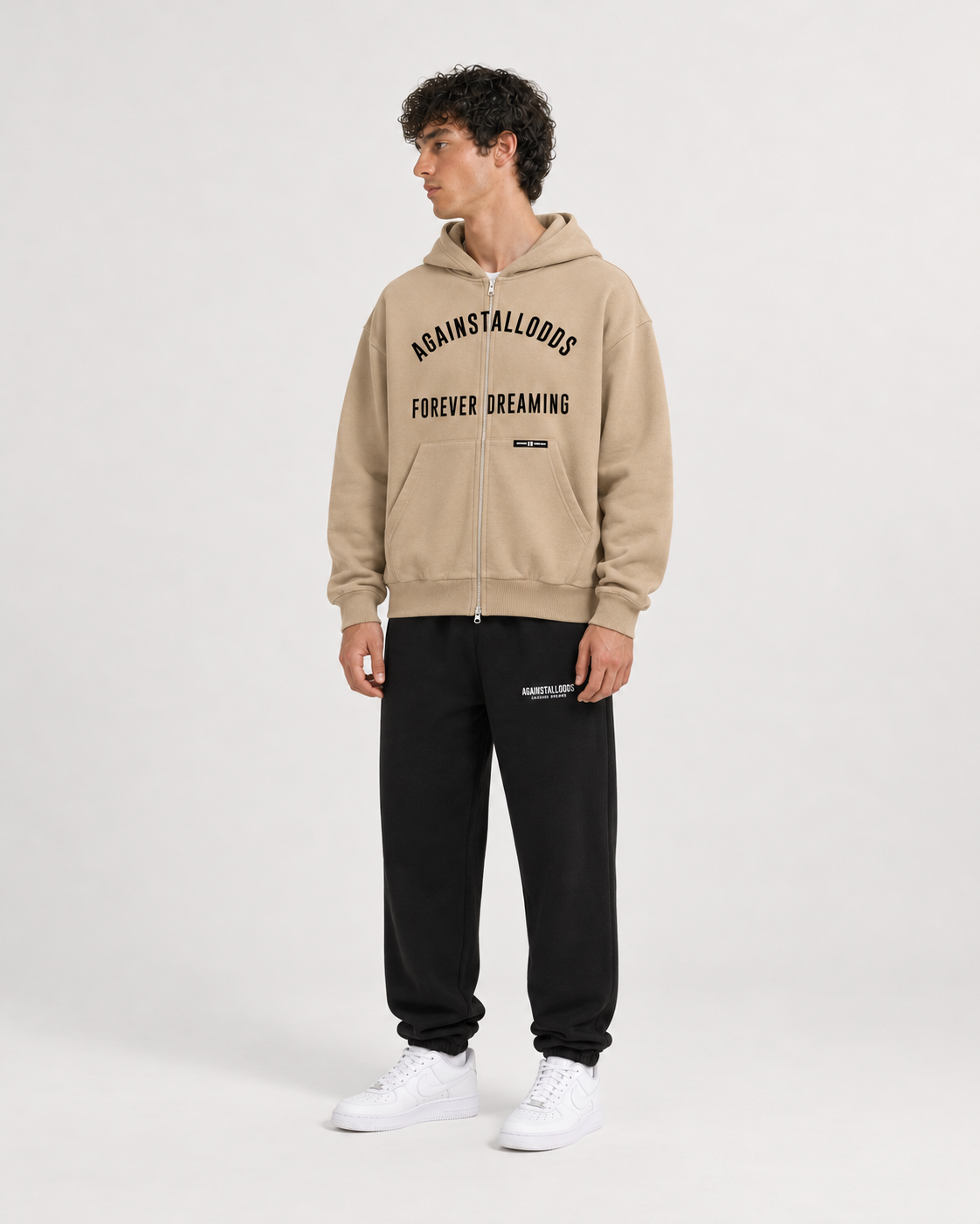 AI-generated styling illustration: College Coffee Double Zip Luxury Hoodie with AAO black sweatpants, front view.