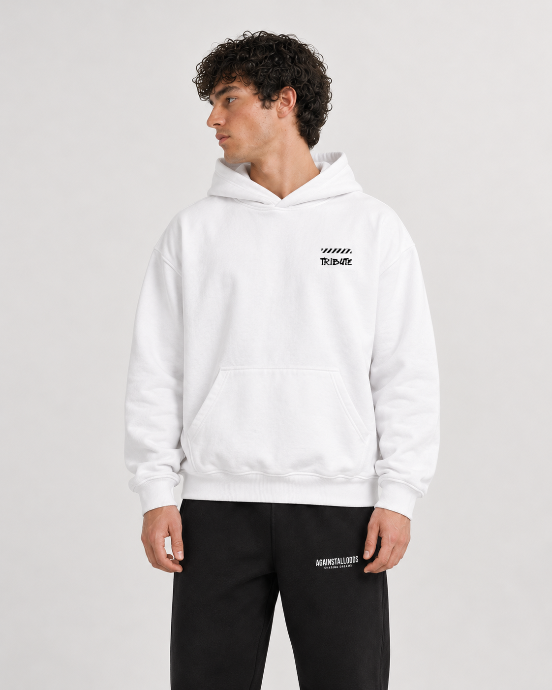 AI-generated styling illustration: AAO 85 white hoodie with AAO black sweatpants, closer view.