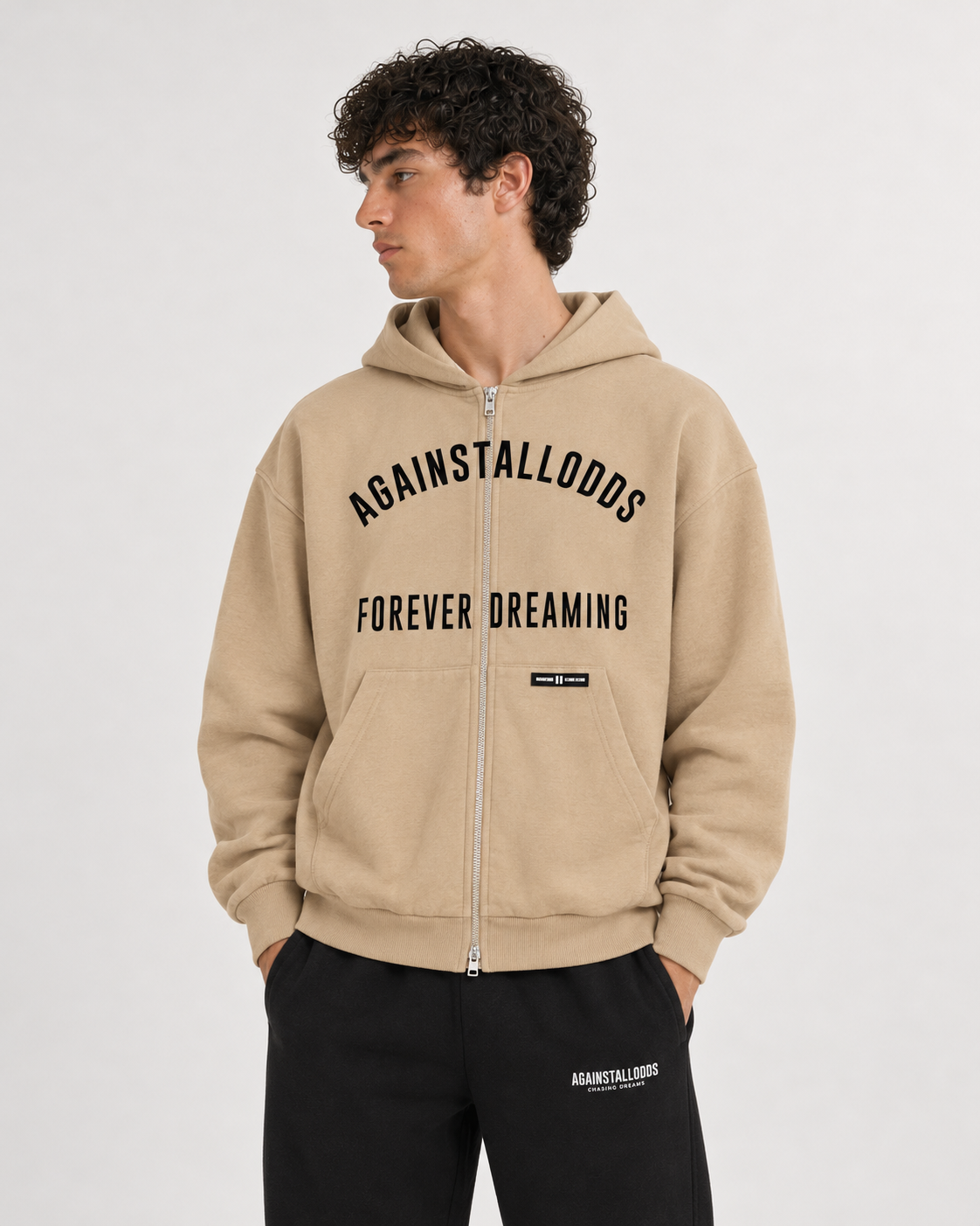 AI-generated styling illustration: College Coffee Double Zip Luxury Hoodie with AAO black sweatpants, closer view.